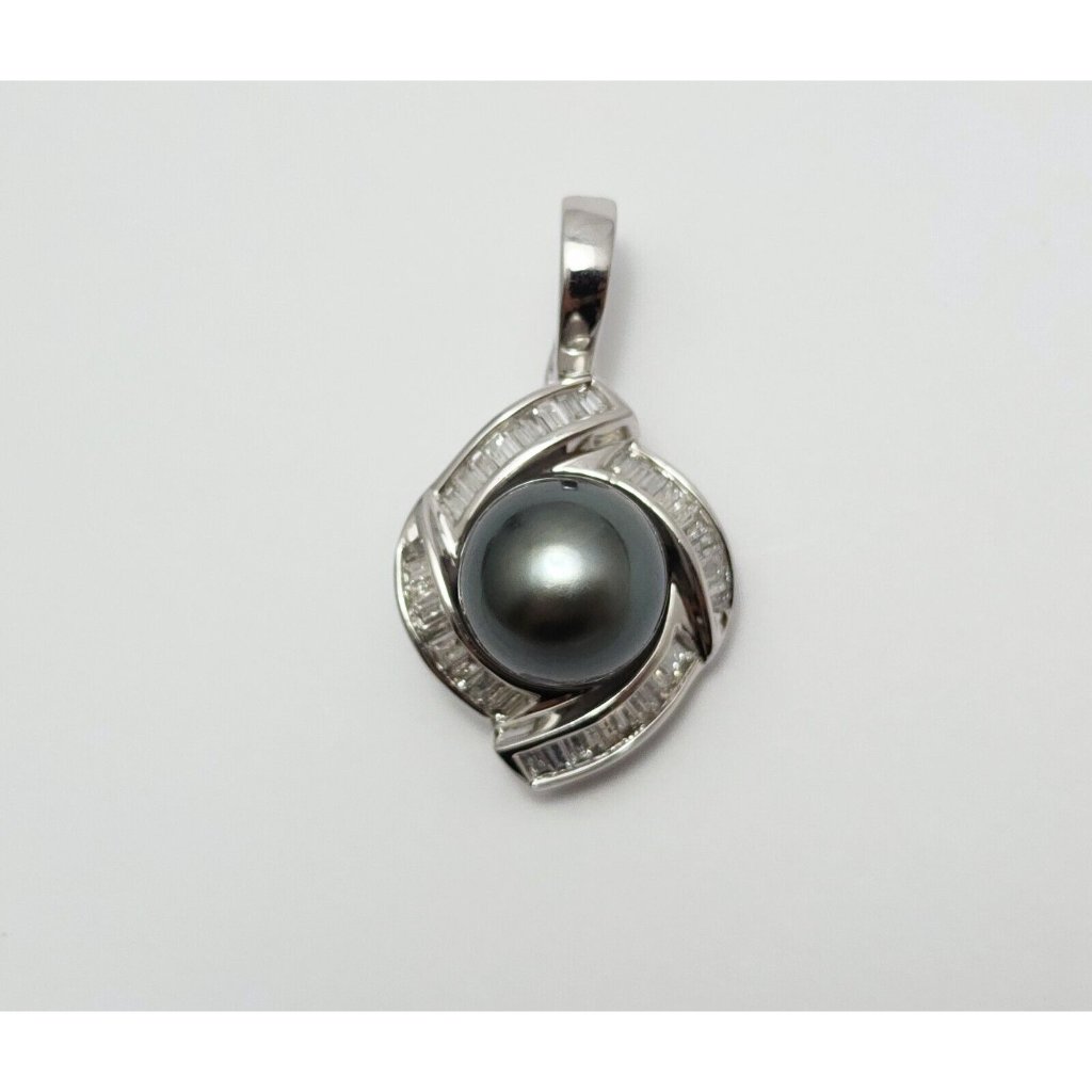 Unique 14k Solid White Gold Drop Dangle Tahitian Pearl  Diamond Charm Pendant